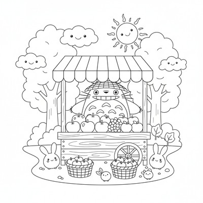 Totoro på marknad med frukt