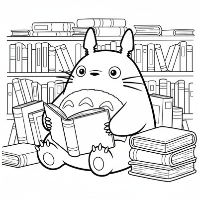 Totoro i bibliotek bland böcker