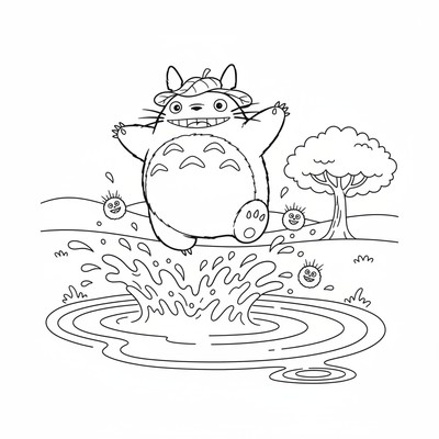 Totoro som hoppar i vattenpöl