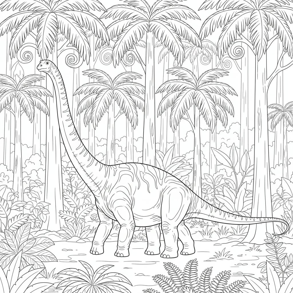Diplodocus går genom skog av höga trädormbunkar