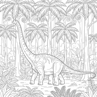 Diplodocus går genom skog av höga trädormbunkar