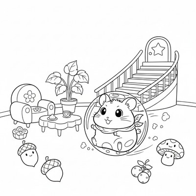 Hamtaro i hamsterboll som rullar genom huset