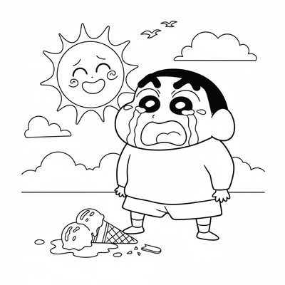 Shin-chan som gråter när glassen ramlar