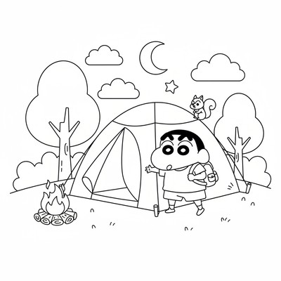 Shin-chan på camping i tält