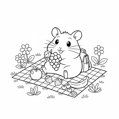 Hamtaro på picknickfilt med frukt