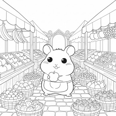 Hamtaro på marknad med frukt