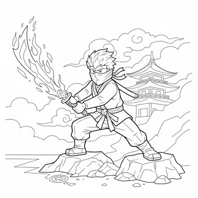 Ninjago Kai som tränar med sitt eldsvärd