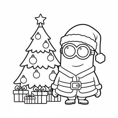 Minion i tomtekläder vid julgran