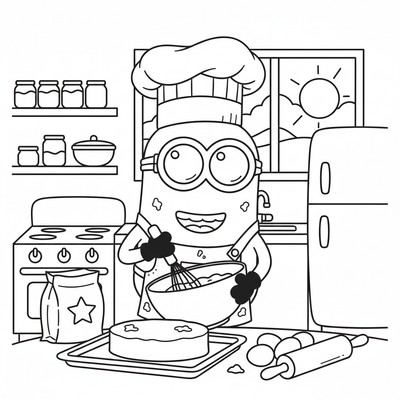 Minion i köket som bakar kaka