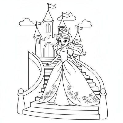 Prinsessa i lång klänning på slottstrappa