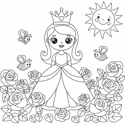 Prinsessa med krona i trädgård full av rosor