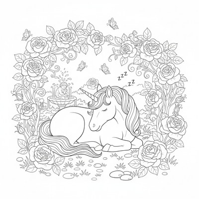 Enhörning som sover i rosenträdgård