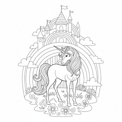 Enhörning framför regnbågsslott