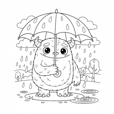 Monster i regn med paraply
