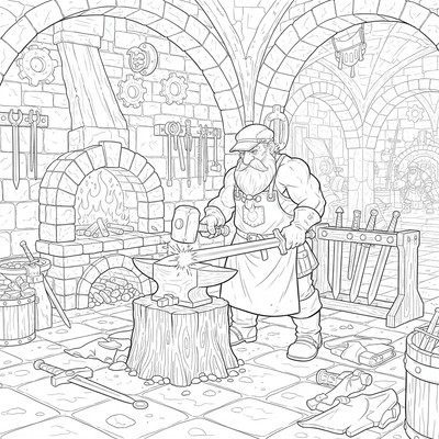 Dvärg som smider svärd i smedja