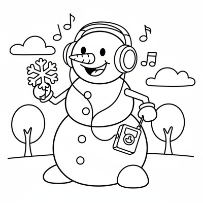 Snögubbe med hörlurar som lyssnar på musik