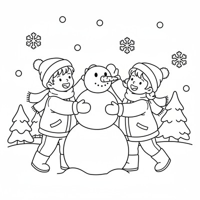 Två barn bygger snögubbe tillsammans