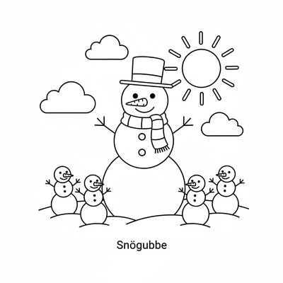 Snögubbe med flera små snögubbar runtom