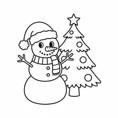 Snögubbe i tomteluva vid julgran