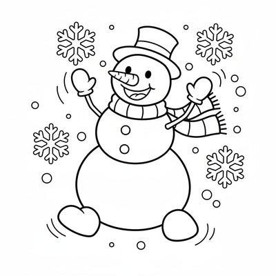 Snögubbe som dansar med snöflingor runt sig