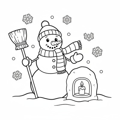 Snögubbe som vaktar en snölykta