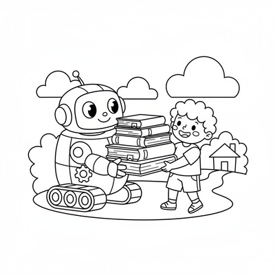 Robot som hjälper ett barn bära böcker