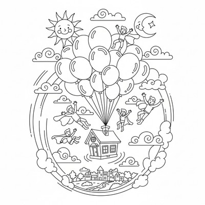 Hus med ballonger som flyger i himlen