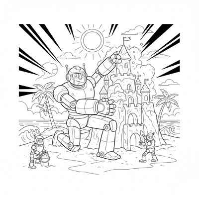 Robot som bygger sandslott på stranden