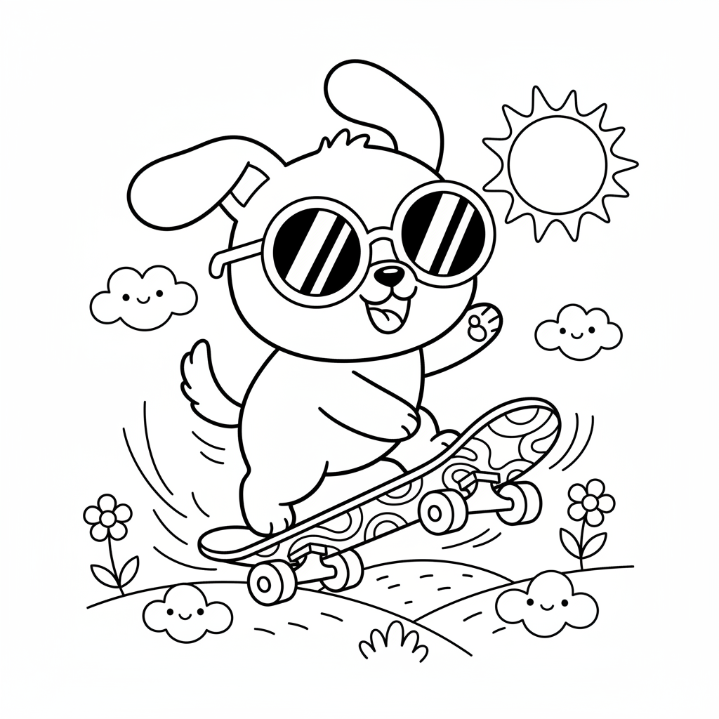 En hund som kör en skateboard med solglasögon