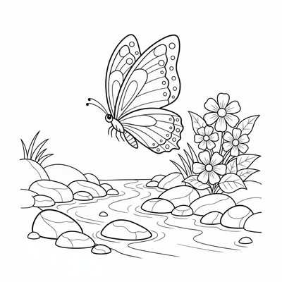 Fjäril vid en bäck med stenar och blommor