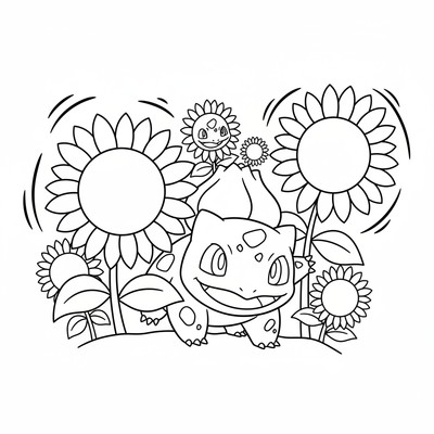 Bulbasaur leker kurragömma bland solrosor