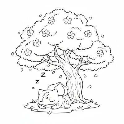 Bulbasaur sover under ett stort blommande körsbärsträd