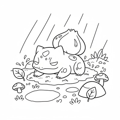 Bulbasaur vilar på en mossig skogsstig efter regnet