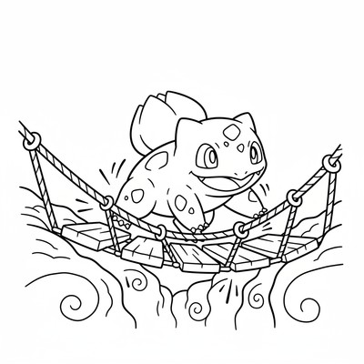 Bulbasaur balanserar på en svajig hängbro