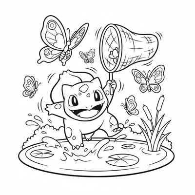 Bulbasaur fångar fjärilar vid en damm