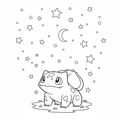 Bulbasaur tittar upp mot en klar stjärnhimmel