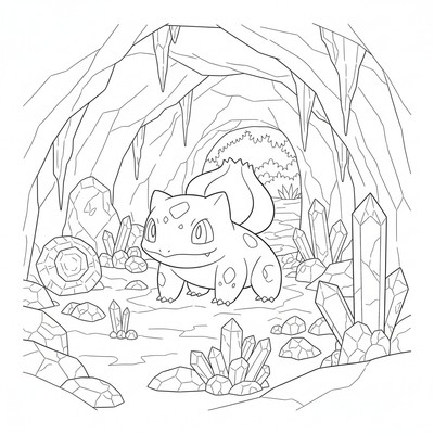 Bulbasaur står i en grotta fylld av kristaller