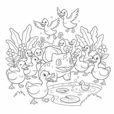 Bulbasaur blir överraskad av en flock ankor