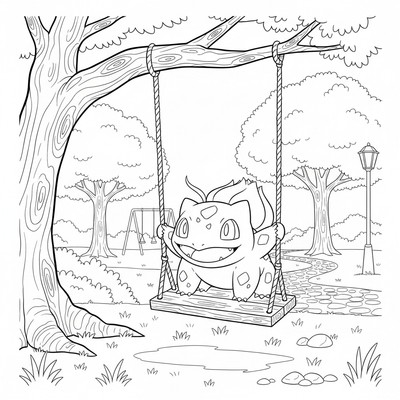 Bulbasaur gungar på en gammal gunga i en park
