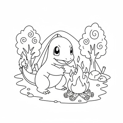 Charmander värmer händerna vid en lägereld