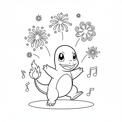 Charmander dansar under ett fyrverkeri