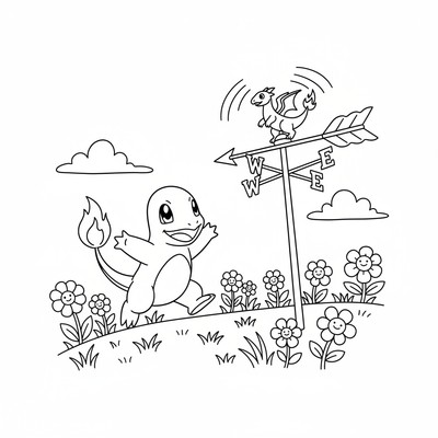 Charmander springer ikapp en vindflöjel på en äng