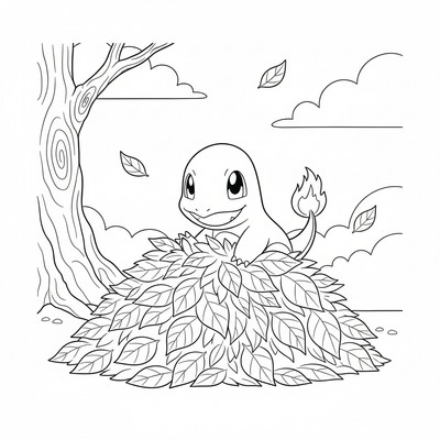 Charmander gömmer sig i en hög med löv