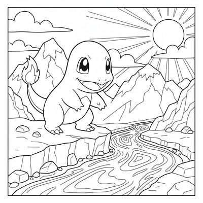 Charmander upptäcker en glödande lavaflod i bergen