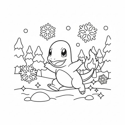 Charmander springer genom en vinterskog med gnistrande snö
