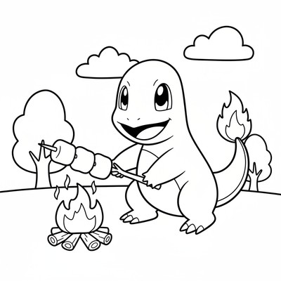 Charmander grillar marshmallows med sin svans