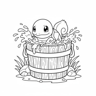 Squirtle gömmer sig i en hink med vatten
