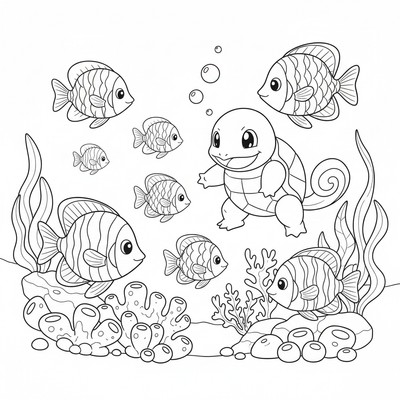 Squirtle simmar bland färgglada fiskar i havet