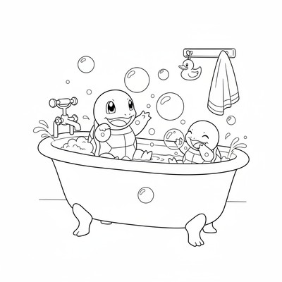 Squirtle leker med tvålbubblor i badet