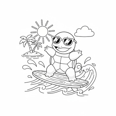 Squirtle surfar på en liten träbräda